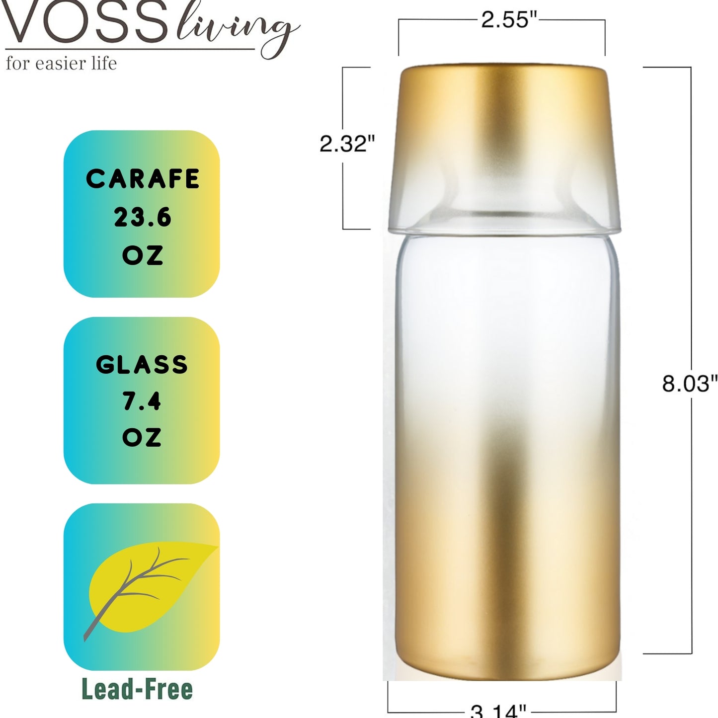 Gold Bedside Water Carafe and Glass Set 23.6 Oz