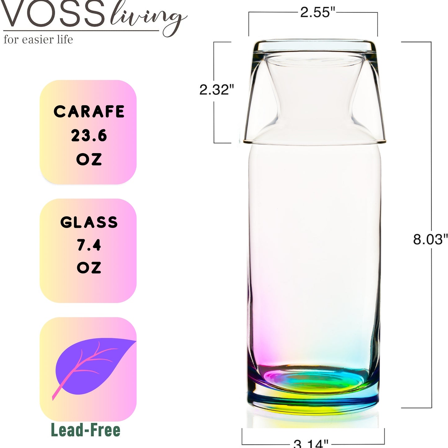 Rainbow Bedside Water Carafe and Glass Set 23..6 Oz