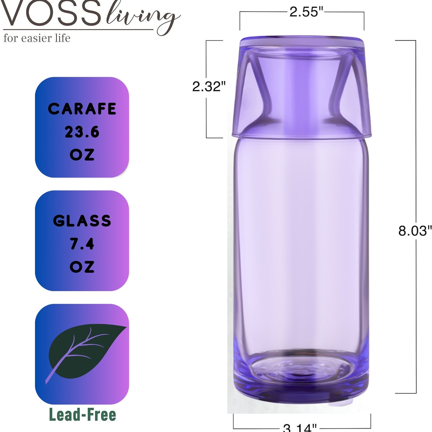 Cobalt Violet Bedside Water Carafe and Glass Set 23.6 Oz