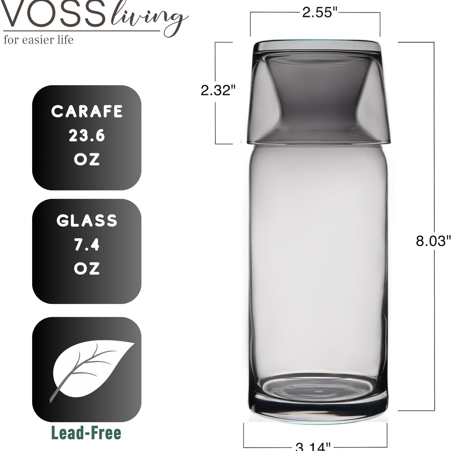 Ivory Black Bedside Water Carafe and Glass Set 23.6 Oz